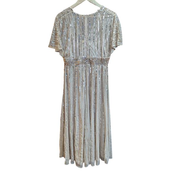 Mac Duggal Sequined Short Flutter Sleeve Midi Dress Taupe 8 - Picture 3 of 5